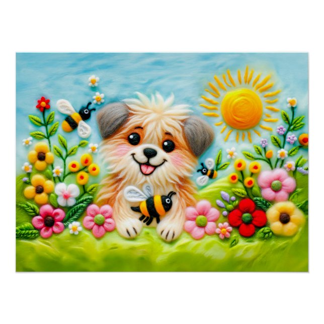 Póster Cachorro de Feltro em um Jardim Florido com Abelha (Frente)
