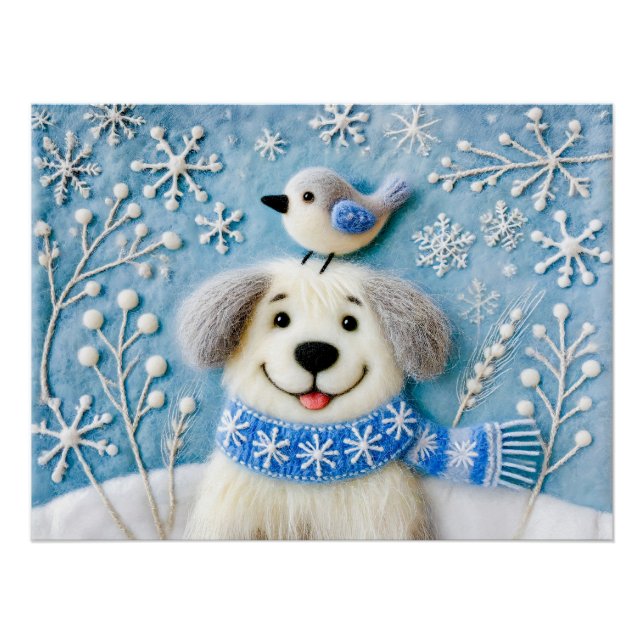 Póster Cachorro de Feltro na Neve com Cachecol e Pássaro (Frente)