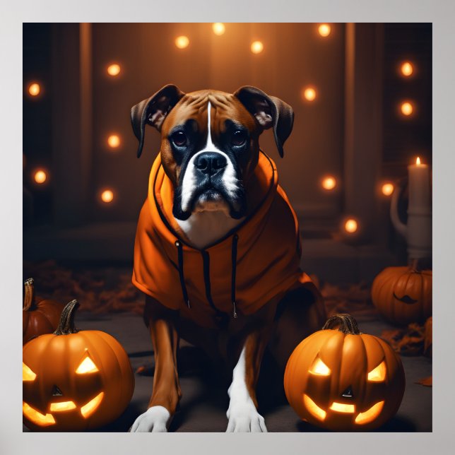 Poster Cachorro de Halloween bonito com abóboras à noite (Frente)