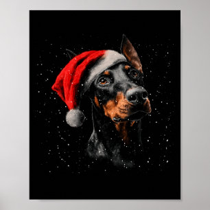 Poster Cachorro Doberman Divertido Luzes de Natal Chapéu