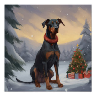 Póster Cachorro Doberman na Neve Natal 