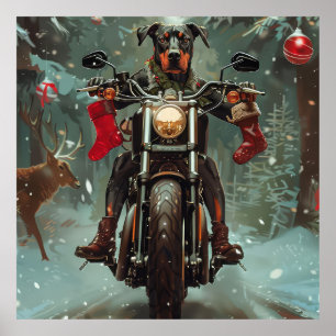 Poster Cachorro Doberman Pilotando Motocicleta Natal