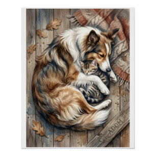 Póster Cachorro Dormindo e Gato se Aninhando Fundo de Mad