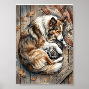 Poster Cachorro Dormindo e Gato se Aninhando Fundo de Mad