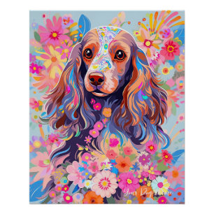 Póster Cachorro e Flores de Cocker Spaniel 002 - Joia Tai