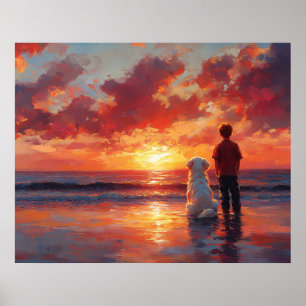 Poster Cachorro e Menino Assistindo ao Pôr do Sol na Prai