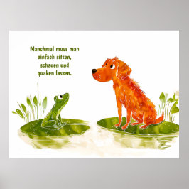 Poster Cachorro e Sapo de Aquarela em Lily Pad