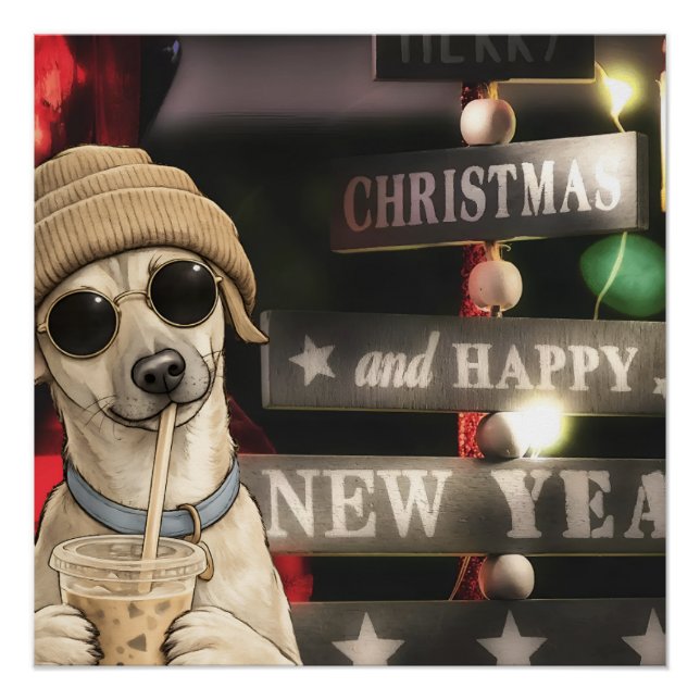 Póster Cachorro engraçado de Natal bebendo chá de bolhas (Frente)
