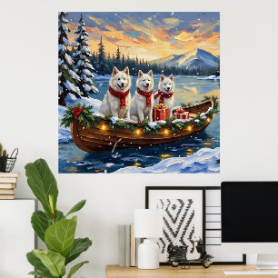 Poster Cachorro Esquimó Americano Branco Natal Barco Féri