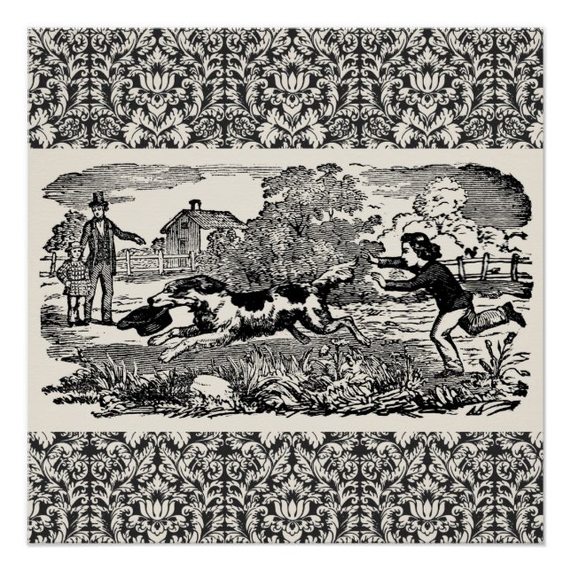 Póster Cachorro executando ilustração vitoriana antiga de (Frente)