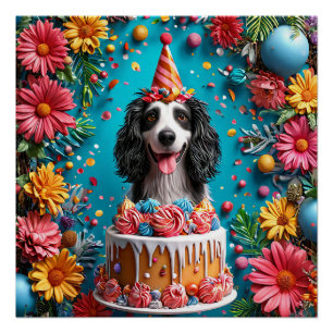 Póster Cachorro Feliz Celebrando Aniversário Com Bolo Col