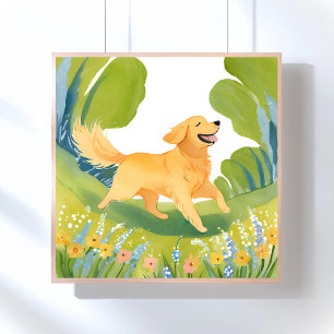 Póster Cachorro Feliz Retriever Dourado   Pintura em Aqua