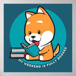 Poster Cachorro Fofo Lendo Livro Citação Divertida