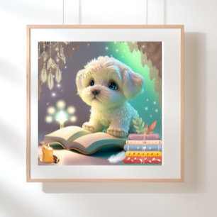 Poster Cachorro Fofo Lendo um Livro Arte para Berçário 