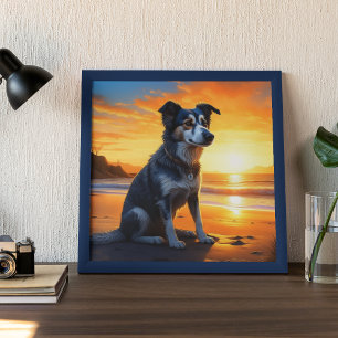 Poster Cachorro Fofo na Praia ao Pôr do Sol 