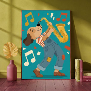 Poster Cachorro Fofo Tocando Saxofone Música Jazz Berçári