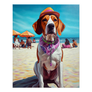 Póster Cachorro Foxhound Inglês Americano na Praia, prese