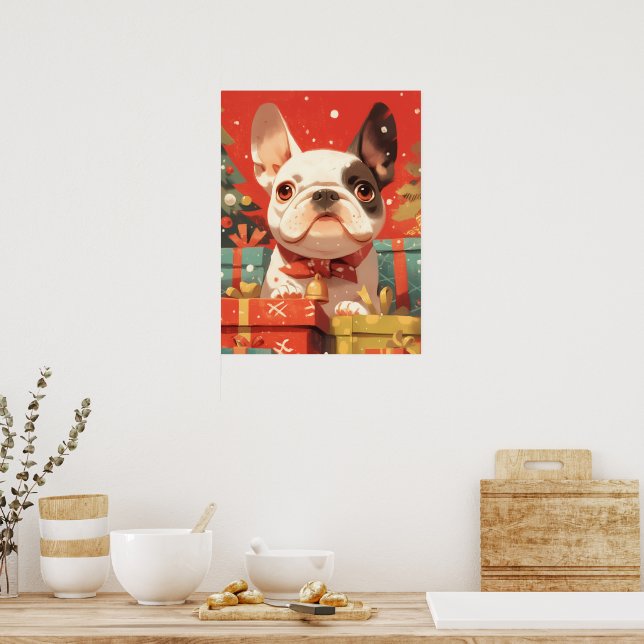 Poster Cachorro francês Adorável com Presentes de Natal (Cozinha)
