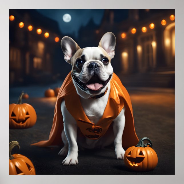 Poster Cachorro Francês Bonito Do Halloween Com Bombeiros (Frente)