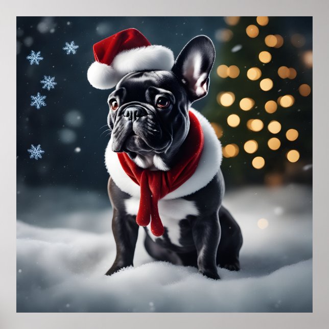Poster Cachorro francês de Natal Festivo Adorável na Neve (Frente)