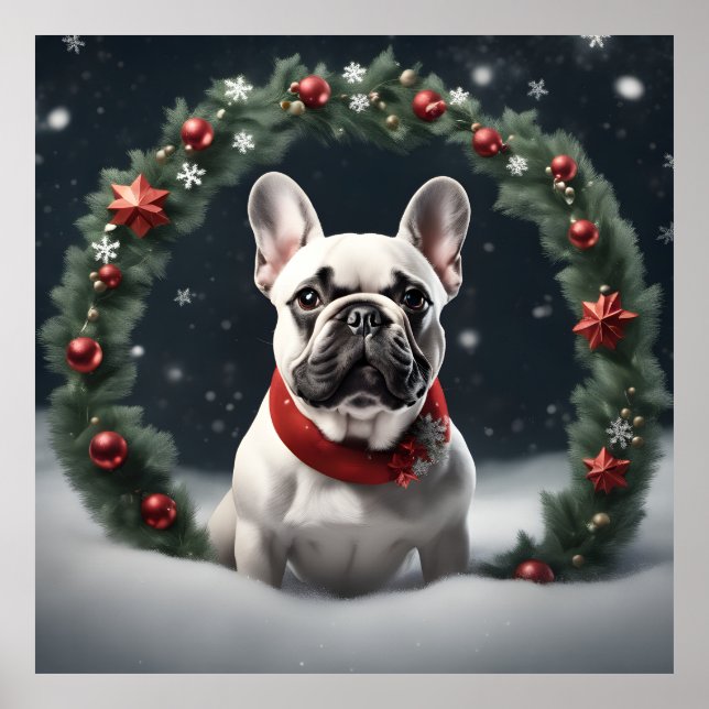 Poster Cachorro francês de Natal Festivo e Bonito com Ter (Frente)