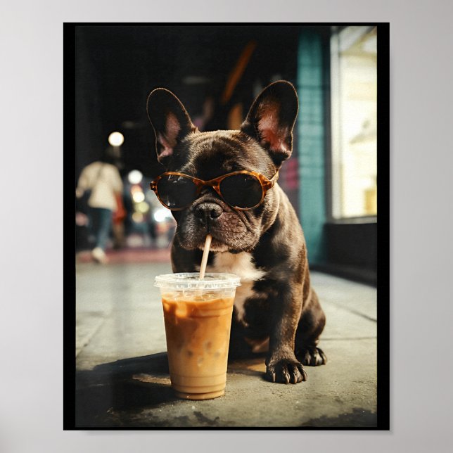 Poster Cachorro francês engraçado bebendo café gelado cac (Frente)
