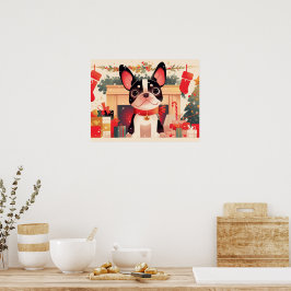 Poster Cachorro francês fofo ao lado da lareira de Natal