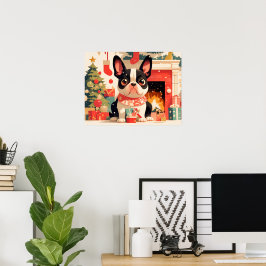 Poster Cachorro francês fofo ao lado da lareira de Natal