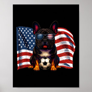 Poster Cachorro francês fofo futebol bandeira dos EUA Sun