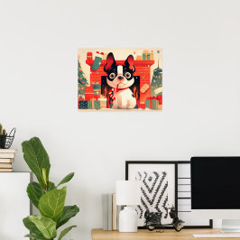 Poster Cachorro francês fofo perto da lareira de Natal