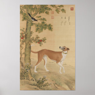 Poster Cachorro Galgo Chinês Vintage e Arte de Pássaro