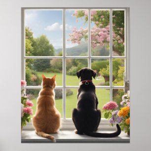 Poster Cachorro Gato Olhando pela Janela