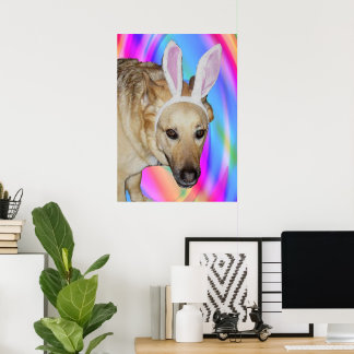 Poster Cachorro German shepherd Engraçado e Ouvidos Coelh