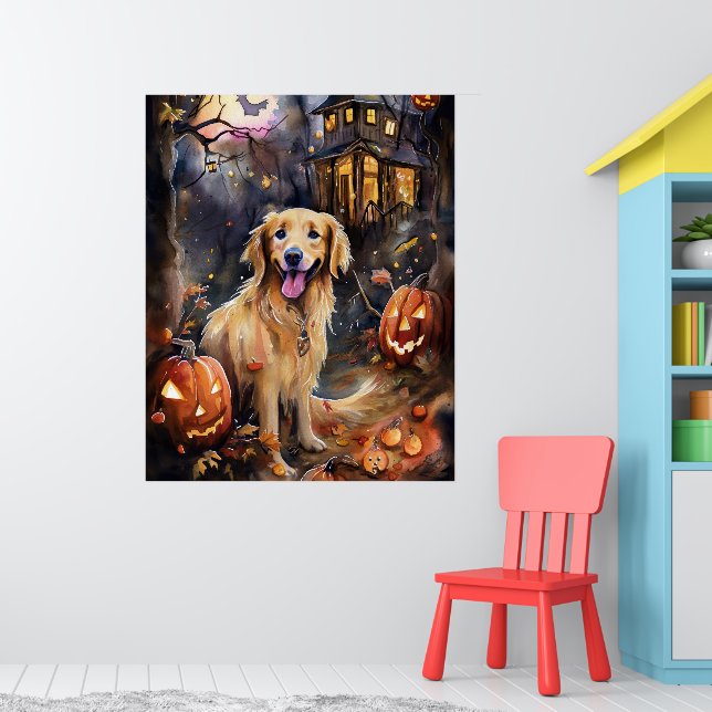 Poster Cachorro Golden Retriever de Halloween com Abóbora (Berçário 1)