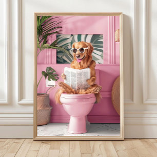 Poster Cachorro Golden Retriever no Banheiro Lendo no Toa