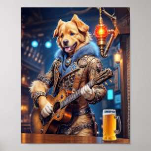 Poster Cachorro golden retriever steampunk com violão acú