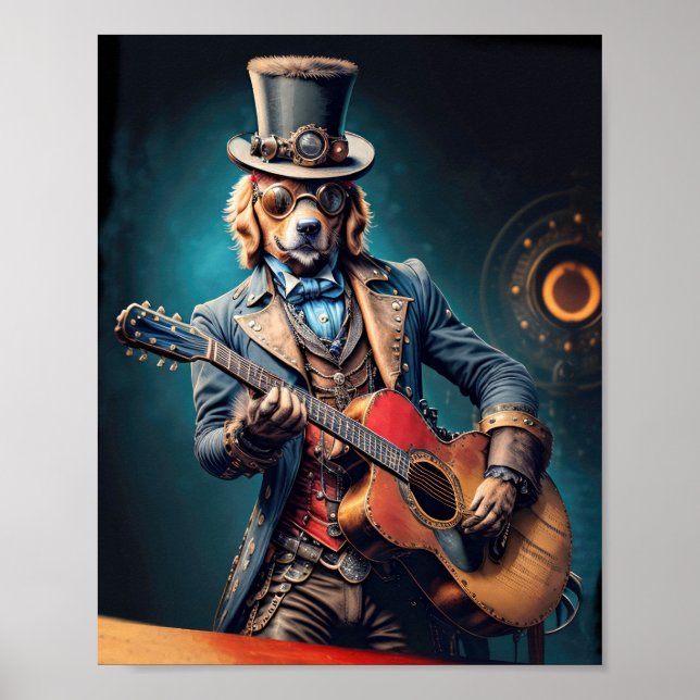 Poster Cachorro Golden Retriever steampunk tocando violão (Frente)