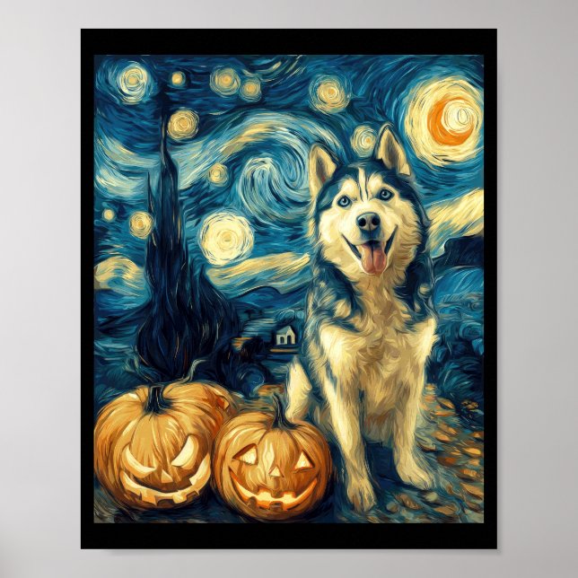 Poster Cachorro Husky Siberiano Fofo Abóbora de Halloween (Frente)