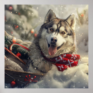 Poster Cachorro Husky Siberiano Natal Festivo