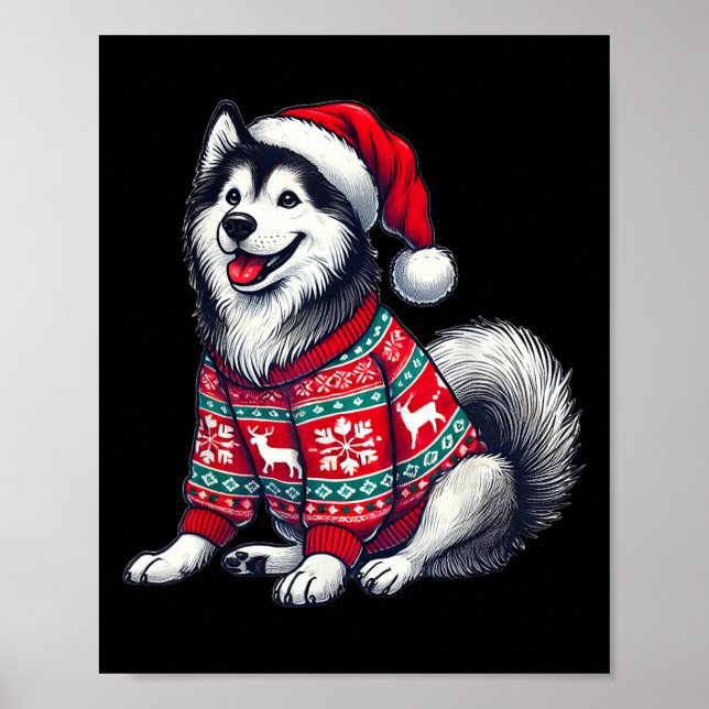 Poster Cachorro Husky Siberiano Suéter Feio Chapéu de Pap (Frente)