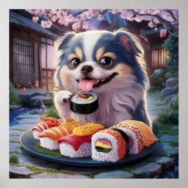 Poster Cachorro Japonês Cachorro Comendo Sushi