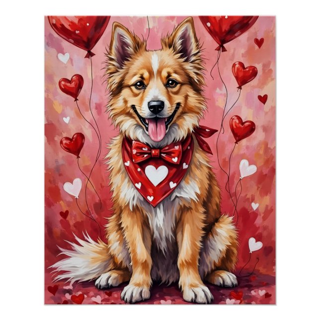 Póster Cachorro Keeshond no Dia dos Namorados Sentado com (Frente)