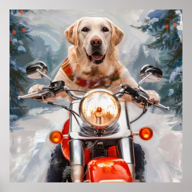 Poster Cachorro Labrador Pilotando Moto Natal (Frente)
