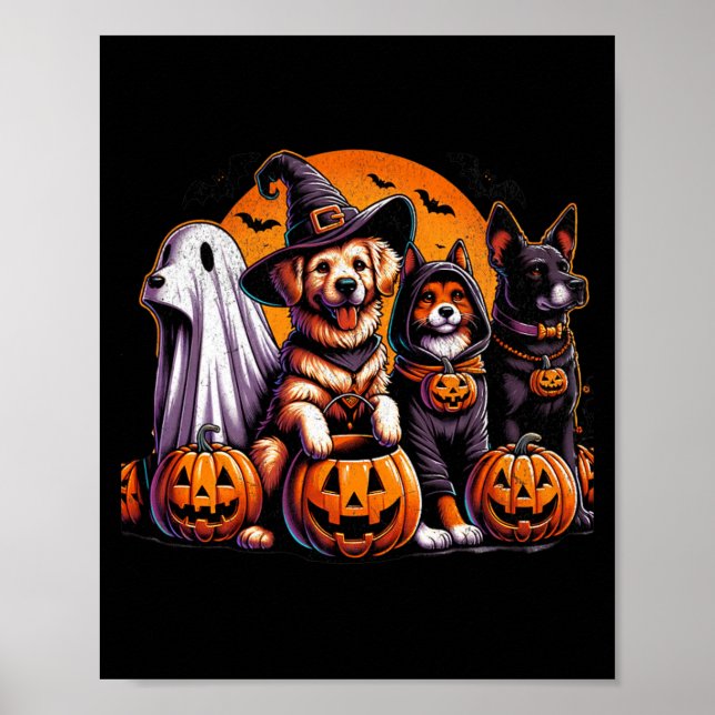 Poster Cachorro Labrador Preto Retrô no Halloween com Abó (Frente)