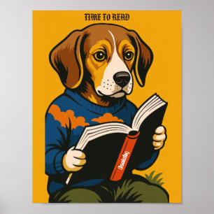 Poster Cachorro Lendo Com Um Livro — Hora De Ler!