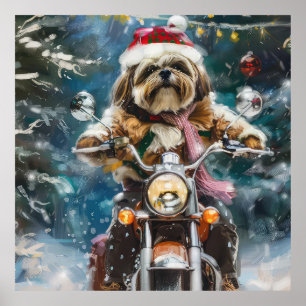 Poster Cachorro Lhasa Apso Pilotando Moto Natal