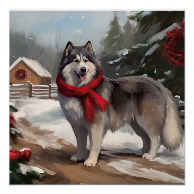 Póster Cachorro Malamute do Alasca na Neve Natal (Frente)