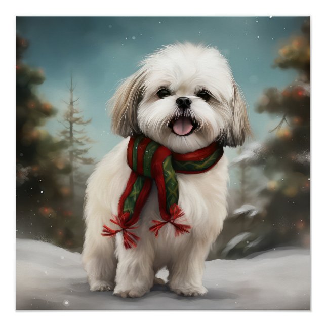 Póster Cachorro Malti Tzu na Neve Natal (Frente)