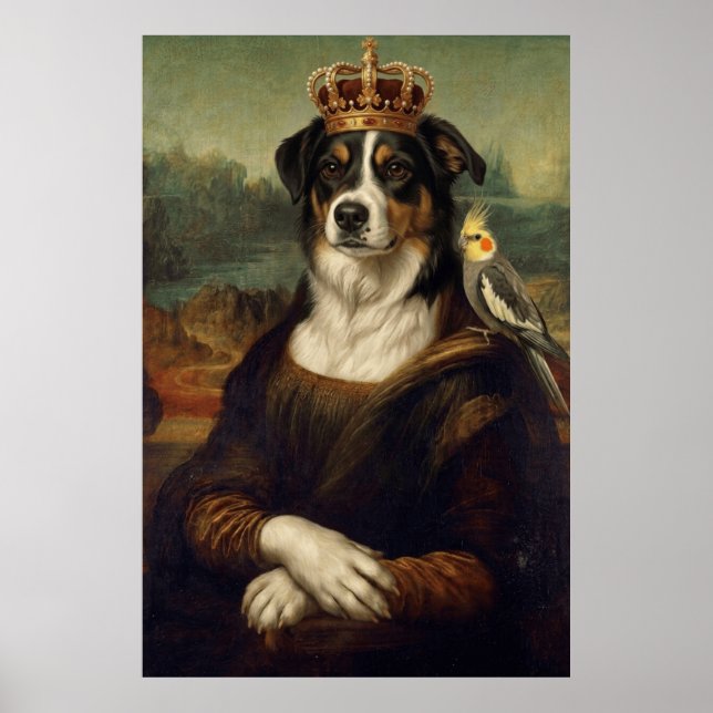 Poster Cachorro Mona Lisa com Papagaio Calopsita Arte Fin (Frente)