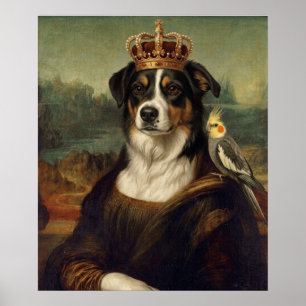 Poster Cachorro Mona Lisa com Papagaio Cockatiel Arte Fin
